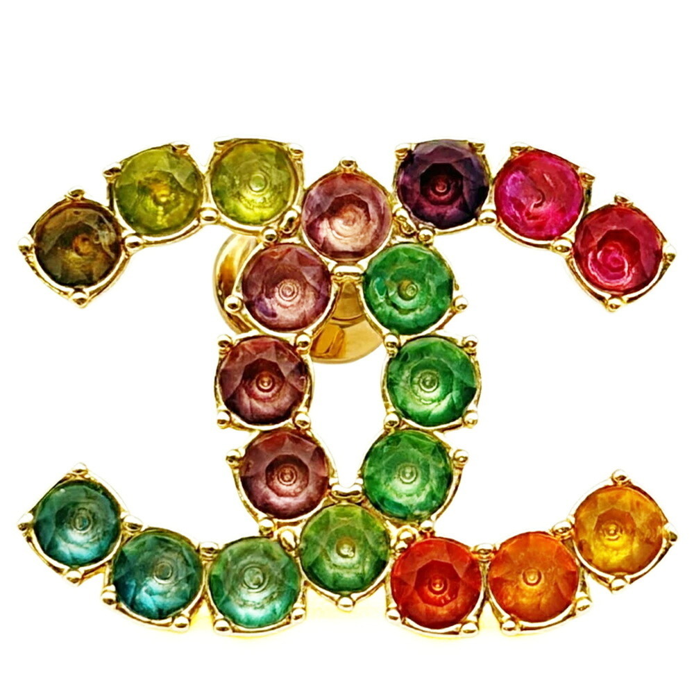 Chanel pin brooch, Coco Mark, GP (gold plated), rhinestones, multi-colored st...